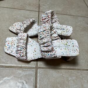 Schutz White Paint Splatter Ruched Strap Block Heel Sandals Size 6B Artsy Chic